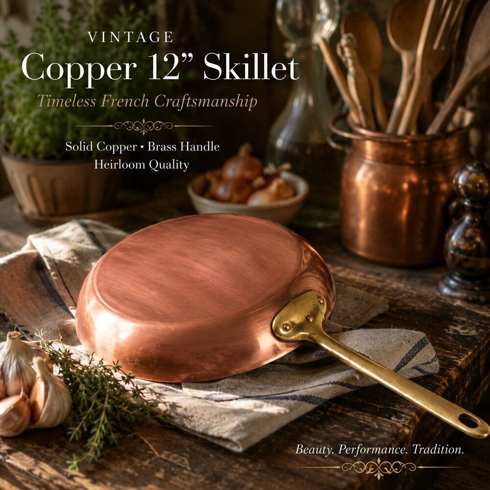 Vtg 12" Copper Fry Pan Skillet Brass Handle French Country Kitchen Decor READ